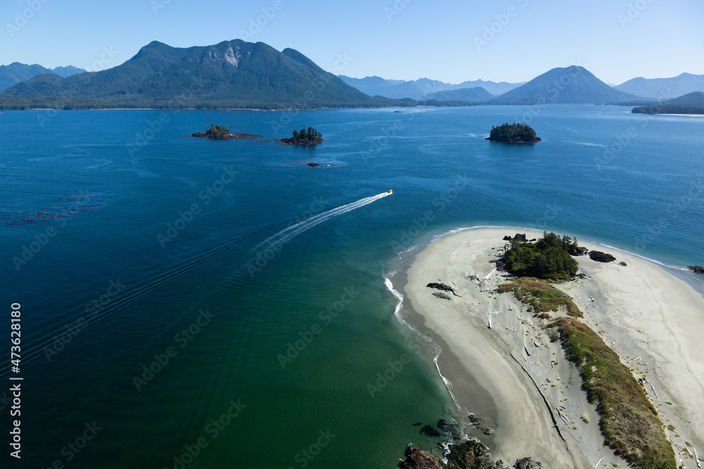 Aerial view of a white sand beach, Whaler Island, Vancouver Island, Clayoquot Sound, Canada.