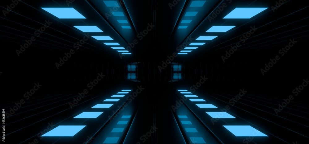 Sci Fy neon lamps in a dark corridor. Reflections on the floor and walls. 3d rendering image. Sci Fy neon lamps in a dark corridor. Reflections on the floor and walls. 3d rendering image.