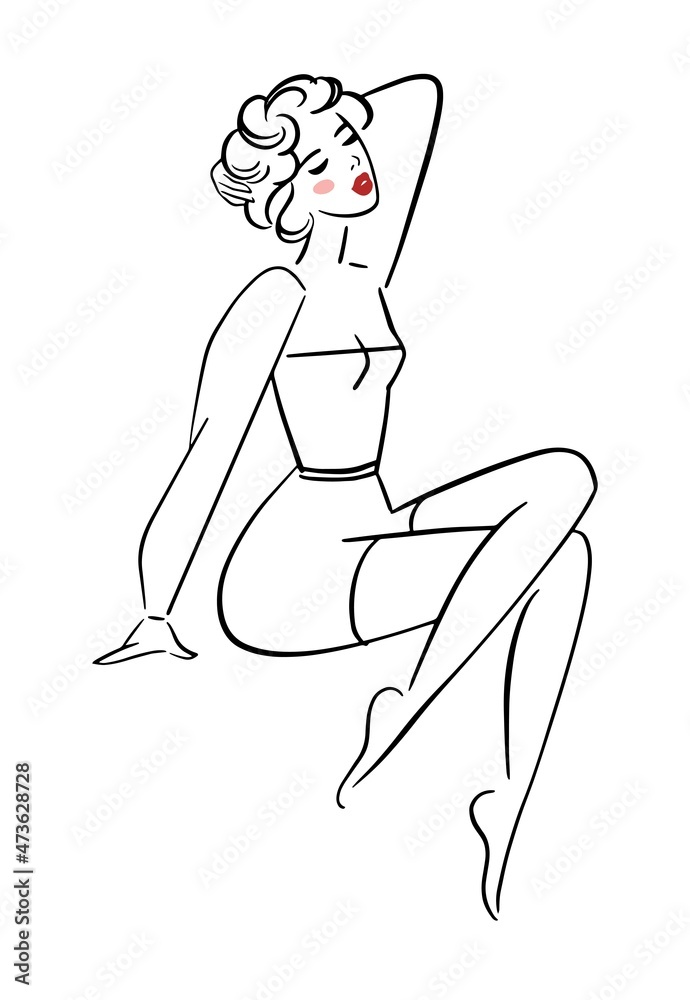 Pin up girl, line drawing of a beautiful sitting woman. Retro style