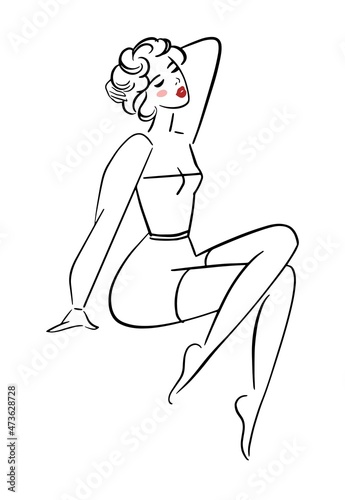 Pin up girl, line drawing of a beautiful sitting woman. Retro style