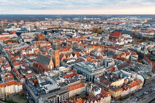 Aerial view of the city of Wroclaw. Panorama of an old European city from the air on a summer day