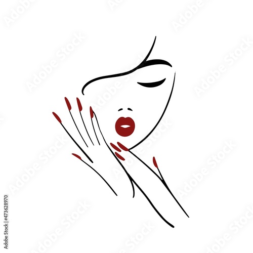 Minimal logo for a beauty salon, nail studio. Line woman portrait with hands. Red lips and manicure