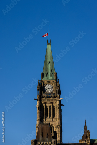 the Canadian flag at half-mast at the Parliament of Canada in Ottawa.