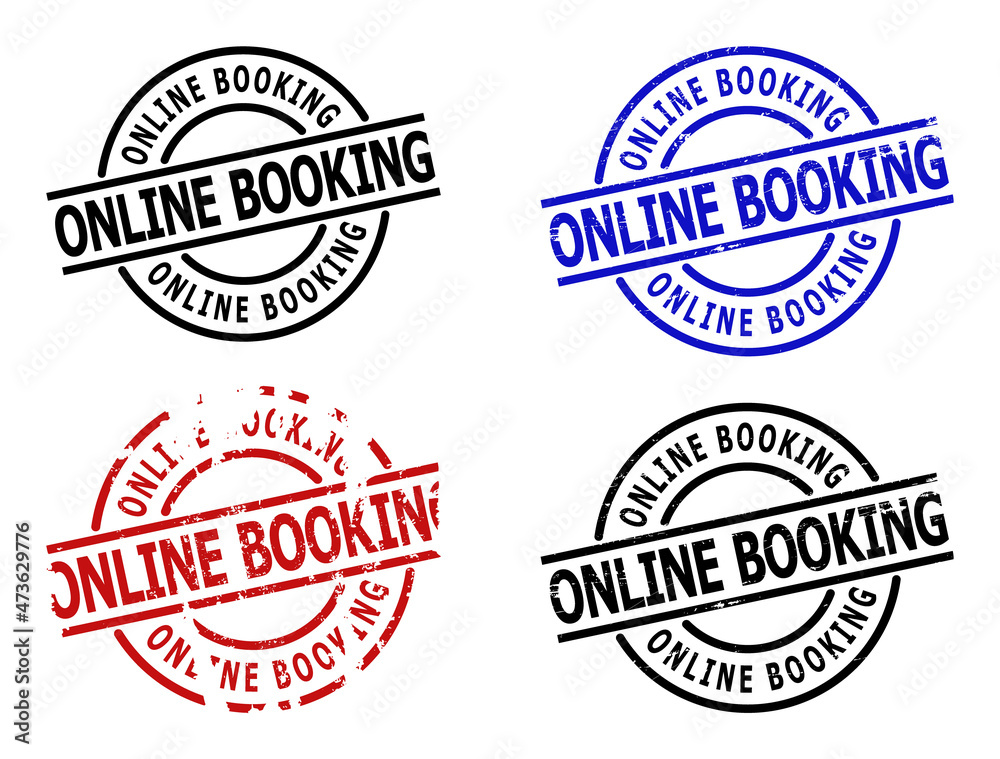 ONLINE BOOKING stamp versions. ONLINE BOOKING caption is between parallel lines inside circle frame. Rough ONLINE BOOKING stamp versions in red, black, blue colors, with unclean texture.