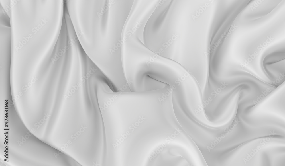 Beautiful flowing fabric of white wavy silk or satin. 3d rendering image.