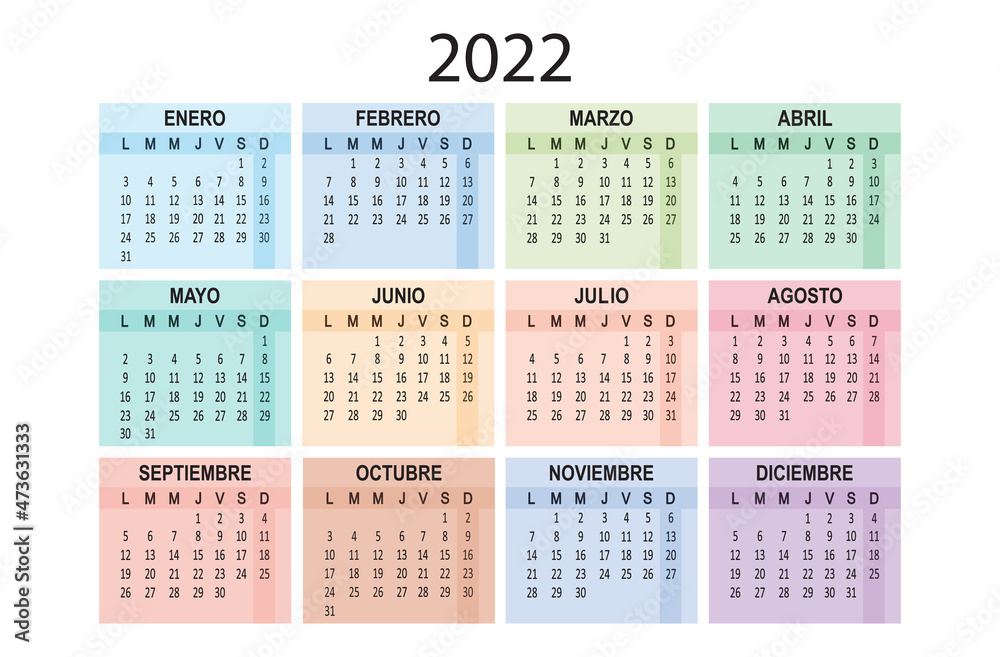 Spanish 2022 year calendar. Week starts on Lunes Monday. Vector illustration Spanish 2022 year calendar. Week starts on Lunes Monday. Vector illustration