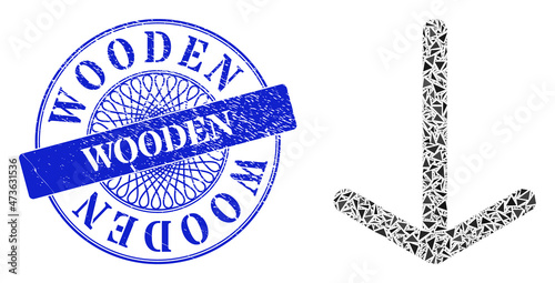 Arrow down mosaic of triangle items, and Wooden rubber stamp seal. Blue seal contains Wooden caption inside round shape. Vector arrow down mosaic is made with different triangle items.