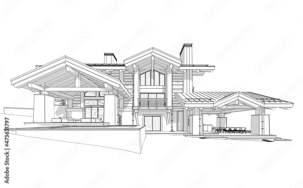 3d rendering of modern cozy chalet with pool and parking for sale or rent. Massive timber beams columns. Black line sketch with soft light shadows on white background 3d rendering of modern cozy chalet with pool and parking for sale or rent. Massive timber beams columns. Black line sketch with soft light shadows on white background