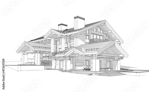 3d rendering of modern cozy chalet with pool and parking for sale or rent. Massive timber beams columns. Black line sketch with soft light shadows on white background