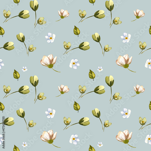 Gentle spring seamless pattern. Watercolor. White flowers, unblown buds and green leaves on a light background. Botanical illustration. Ready-made template for textiles, wallpaper, packaging, paper. © XeniaDenisova