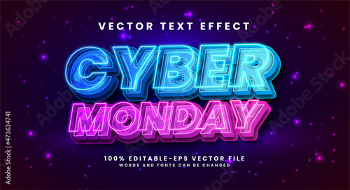 Cyber monday 3D text effect. Editable text style effect with glow light theme. photo