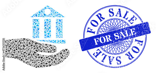 Bank service mosaic of triangle items, and For Sale grunge watermark. Blue stamp includes For Sale text inside circle form. Vector bank service mosaic is organized of scattered triangle items.