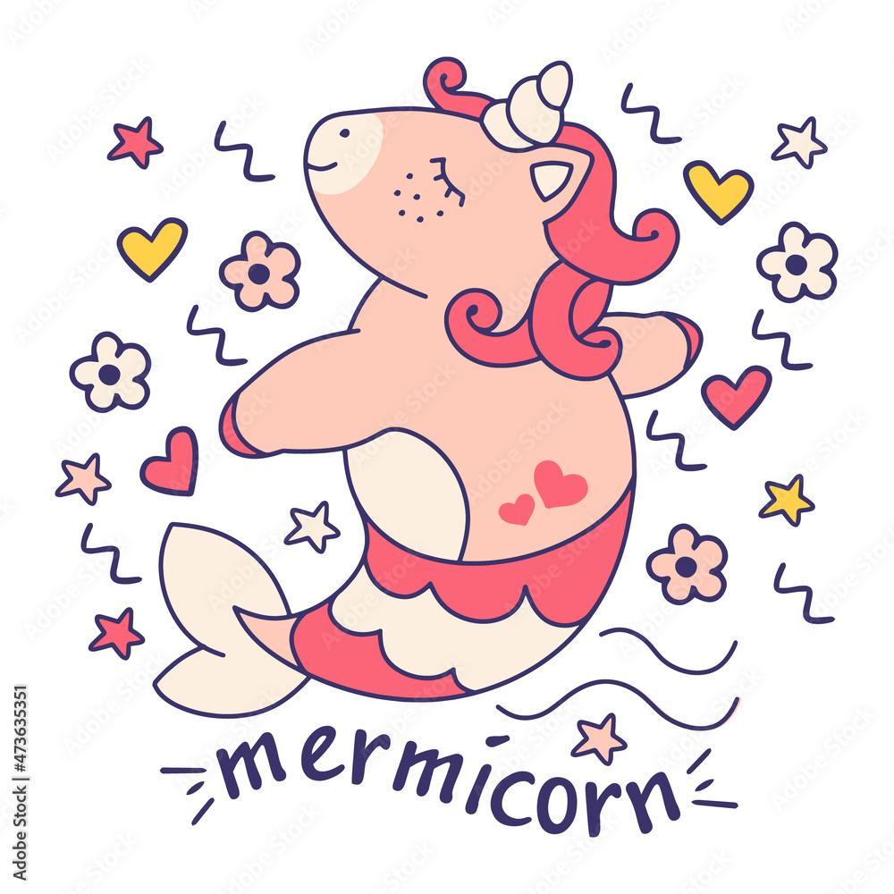 Isolated funny girly unicorn with a mermaid tail named Isolated funny girly unicorn with a mermaid tail named