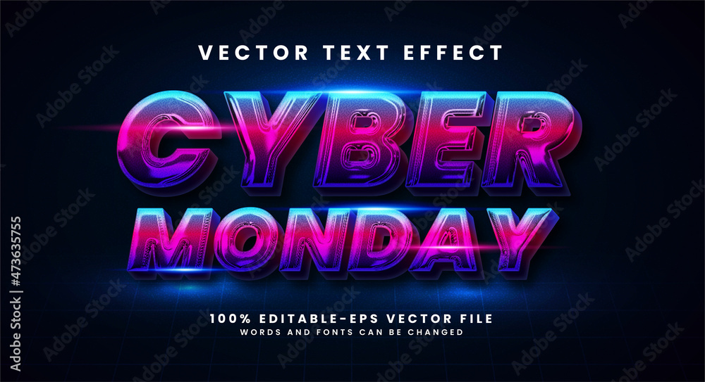 Cyber monday 3D text effect. Editable text style effect with glow light theme.