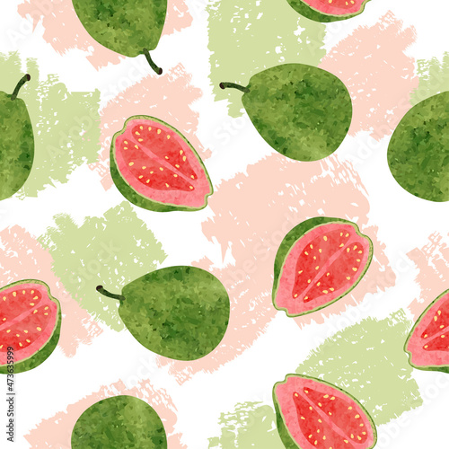 Seamless guava fruit pattern. Exotic fruit watercolor vector illustration.	