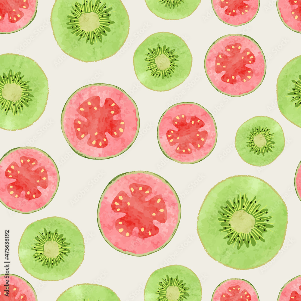 Fototapeta premium Seamless tropical fruit pattern with watercolor kiwi and guava slices. Food vector background