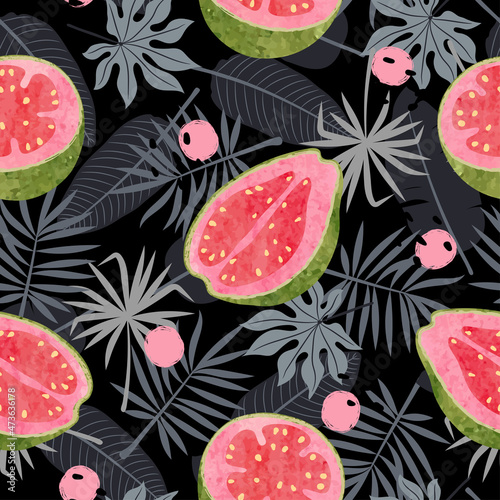 Seamless tropical pattern with guava fruit and jungle leaves. Vector summer background.