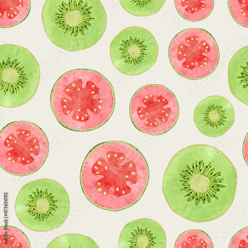 Seamless tropical fruit pattern with watercolor kiwi and guava slices. Food vector background