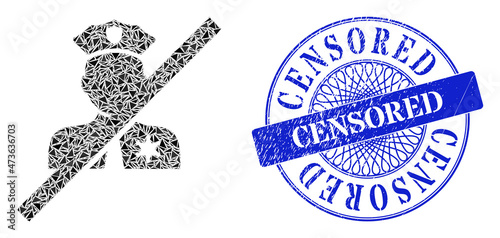 Blacklisted police collage of triangle particles, and Censored grunge stamp seal. Blue seal has Censored tag inside circle shape.