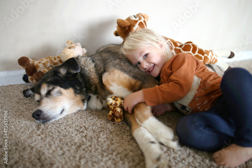 A Young Child is Smiling Happily as she Hugs her Pet German Shepherd Dog and her toy Giraffes. photo