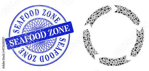 Circulation mosaic of triangle parts, and Seafood Zone scratched stamp seal. Blue seal contains Seafood Zone caption inside circle shape.