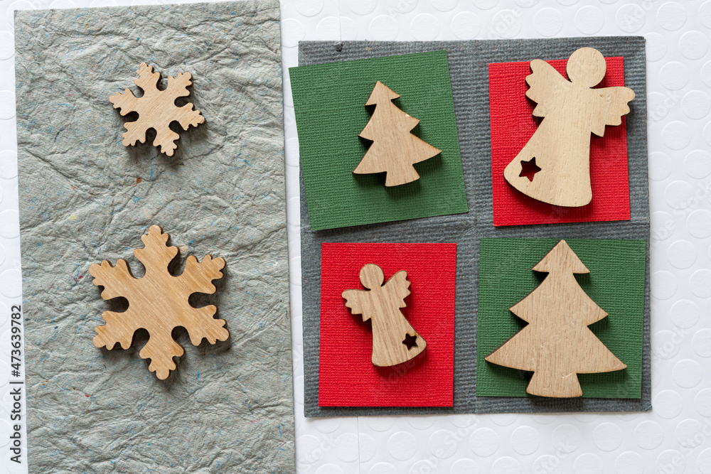 christmas card with christmas trees, snowflakes, and angels christmas card with christmas trees, snowflakes, and angels