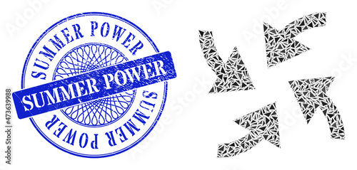 Cyclone arrows mosaic of triangle items, and Summer Power dirty stamp seal. Blue stamp seal includes Summer Power caption inside circle shape.