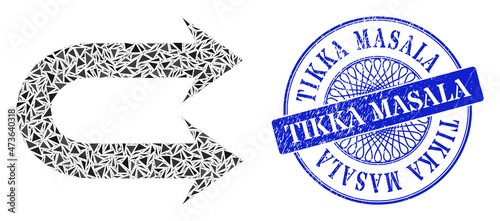 Double right arrow collage of triangle parts, and Tikka Masala textured stamp. Blue stamp seal includes Tikka Masala tag inside circle shape.