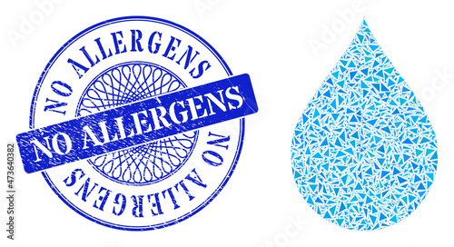 Drop collage of triangle parts, and No Allergens corroded seal print. Blue stamp seal has No Allergens tag inside round form. Vector drop mosaic is organized of different triangle parts.