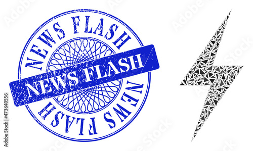Electricity collage of triangle parts, and News Flash textured stamp. Blue seal has News Flash title inside round form. Vector electricity collage is composed of different triangle parts.