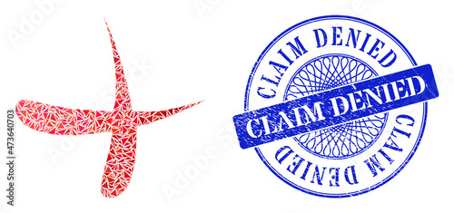 Erase collage of triangle parts, and Claim Denied corroded seal. Blue stamp seal contains Claim Denied caption inside round shape. Vector erase mosaic is composed of randomized triangle parts.