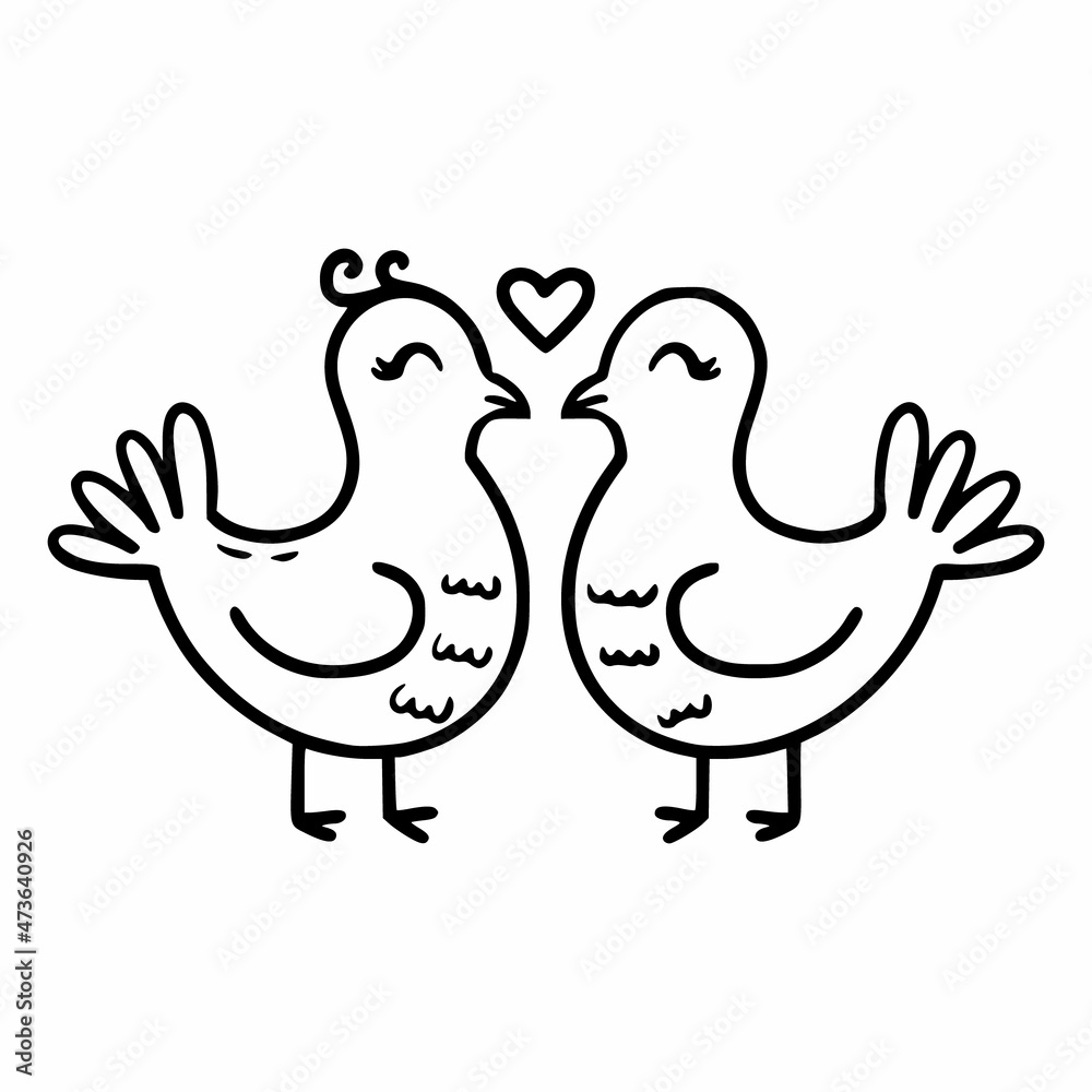 Two cute doodle pigeons. Birds and kiss. Vector icon doves. Decorative element of wedding card. Sticker for Valentine Day.