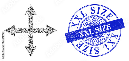 Expand arrows collage of triangle, and Xxl Size scratched seal print. Blue stamp seal has Xxl Size title inside round form. Vector expand arrows collage is formed of different triangle elements.