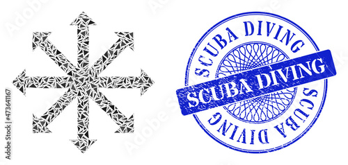 Expand arrows collage of triangle particles, and Scuba Diving dirty stamp. Blue stamp includes Scuba Diving title inside round form. Vector expand arrows collage is done of different triangle items.