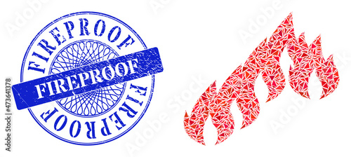 Firewall collage of triangle items, and Fireproof grunge watermark. Blue stamp seal has Fireproof title inside round form. Vector firewall collage is designed of randomized triangle items.