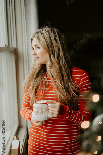 A woman decorating her apartment for Christmas with her pets photo