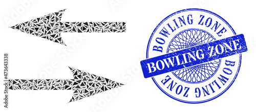 Horizontal exchange arrows collage of triangle, and Bowling Zone unclean stamp seal. Blue stamp seal includes Bowling Zone title inside circle form.