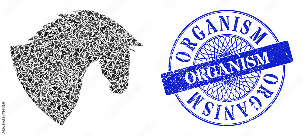Horse head collage of triangle parts, and Organism grunge stamp. Blue stamp has Organism caption inside round shape. Vector horse head collage is constructed with random triangle parts.