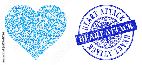 Love heart collage of triangle, and Heart Attack scratched stamp seal. Blue stamp seal includes Heart Attack tag inside round shape.