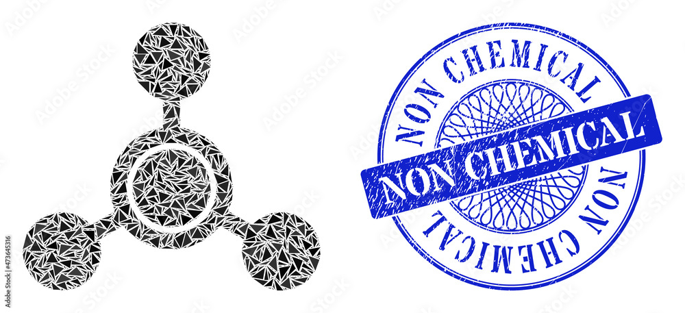 Methane molecule collage of triangle items, and Non Chemical scratched watermark. Blue stamp seal has Non Chemical caption inside round shape.