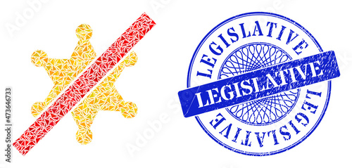 No sheriff star mosaic of triangle particles, and Legislative rubber stamp seal. Blue stamp seal includes Legislative text inside round form.