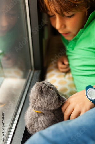 Boy caressing his cat