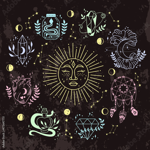 Mystic and astrology, witch magic occult symbols around sun. Esoteric doodle boho elements, magic witchcraft crystal, heart icon. For tattoo print fantasy magician sign vector dark background grunge