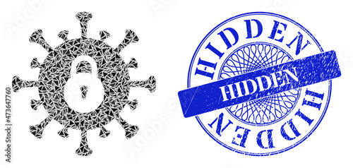 Outbreak lockdown collage of triangle particles, and Hidden unclean stamp seal. Blue stamp seal includes Hidden tag inside round shape.
