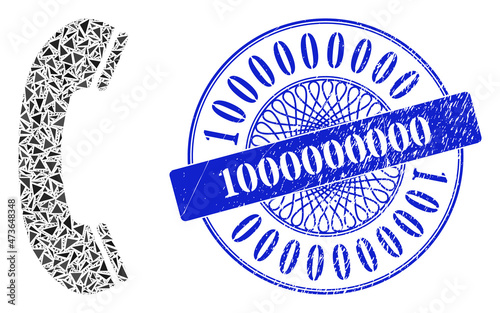 Phone receiver mosaic of triangle parts, and 1000000000 rubber seal print. Blue seal has 1000000000 caption inside round shape. Vector phone receiver mosaic is created of scattered triangle elements.