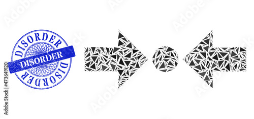 Pressure horizontal mosaic of triangle, and Disorder grunge seal imitation. Blue stamp seal has Disorder title inside round form.