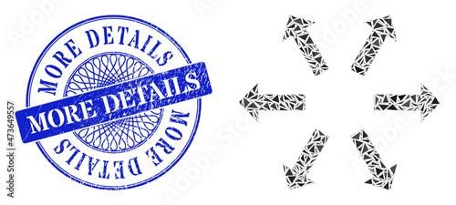 Radial arrows collage of triangle parts, and More Details textured stamp seal. Blue stamp seal includes More Details title inside circle form.