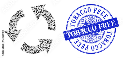 Recycle mosaic of triangle parts, and Tobacco Free corroded stamp seal. Blue stamp seal includes Tobacco Free caption inside round form. Vector recycle collage is made of different triangle items.