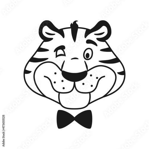 Black and white outline winking tiger face coloring page. Cartoon comic happy character portrait. Adorable line wild cat. Sketch wild cat head vector illustration.