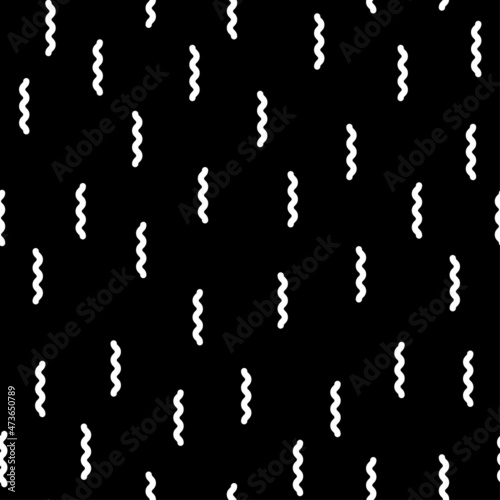 Geometric confetti. Vector seamless pattern in thin line style. Monochrome texture. White zig zags on black backdrop